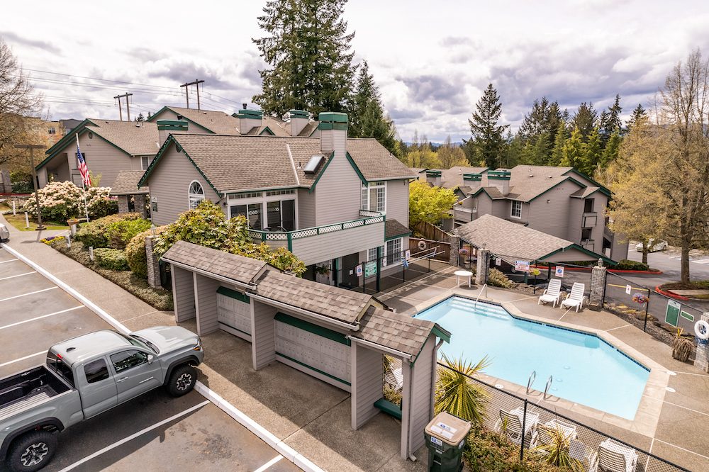 Carports and the outdoor pool from above
