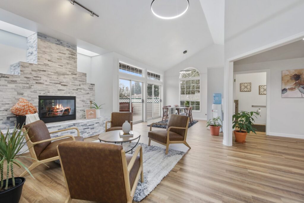 Clubhouse lounge with a stone fireplace