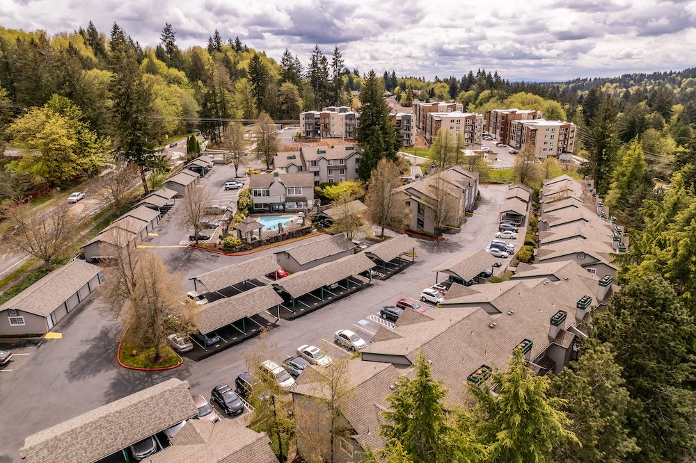Aerial view of Westridge showing the pool and clubhouse