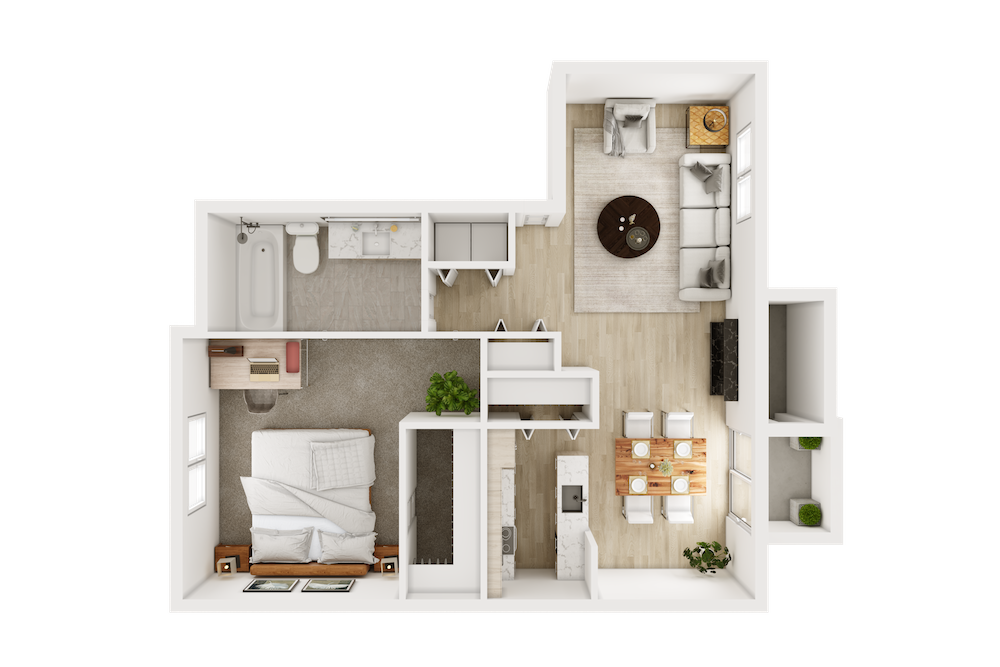 The Olympic floor plan, one bedroom one bath, 800 square feet