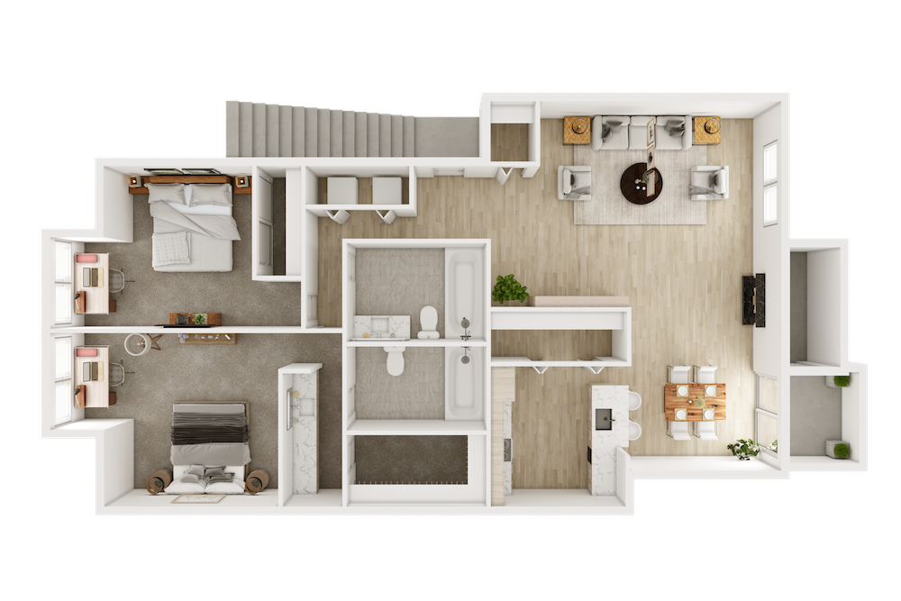 The Pacific floor plan, two bedroom two bath, 1025 square feet